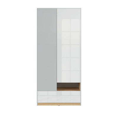 Garde robe NANDU gris clair/ chêne polonais/ blanc brillant 2 portes 1 tiroir 90x200,5x55 cm
