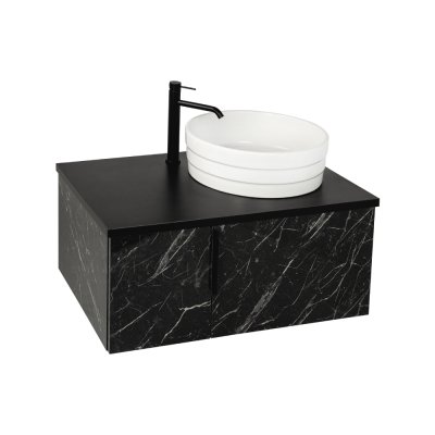 Pack vasque à poser RING blanc avec meuble marbré noir 2 portes avec poignées 88 cm